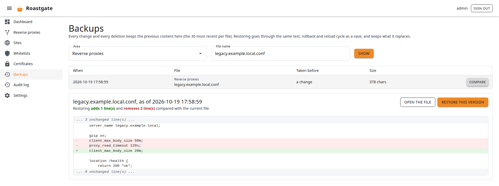 A backup compared with the current file, line by line