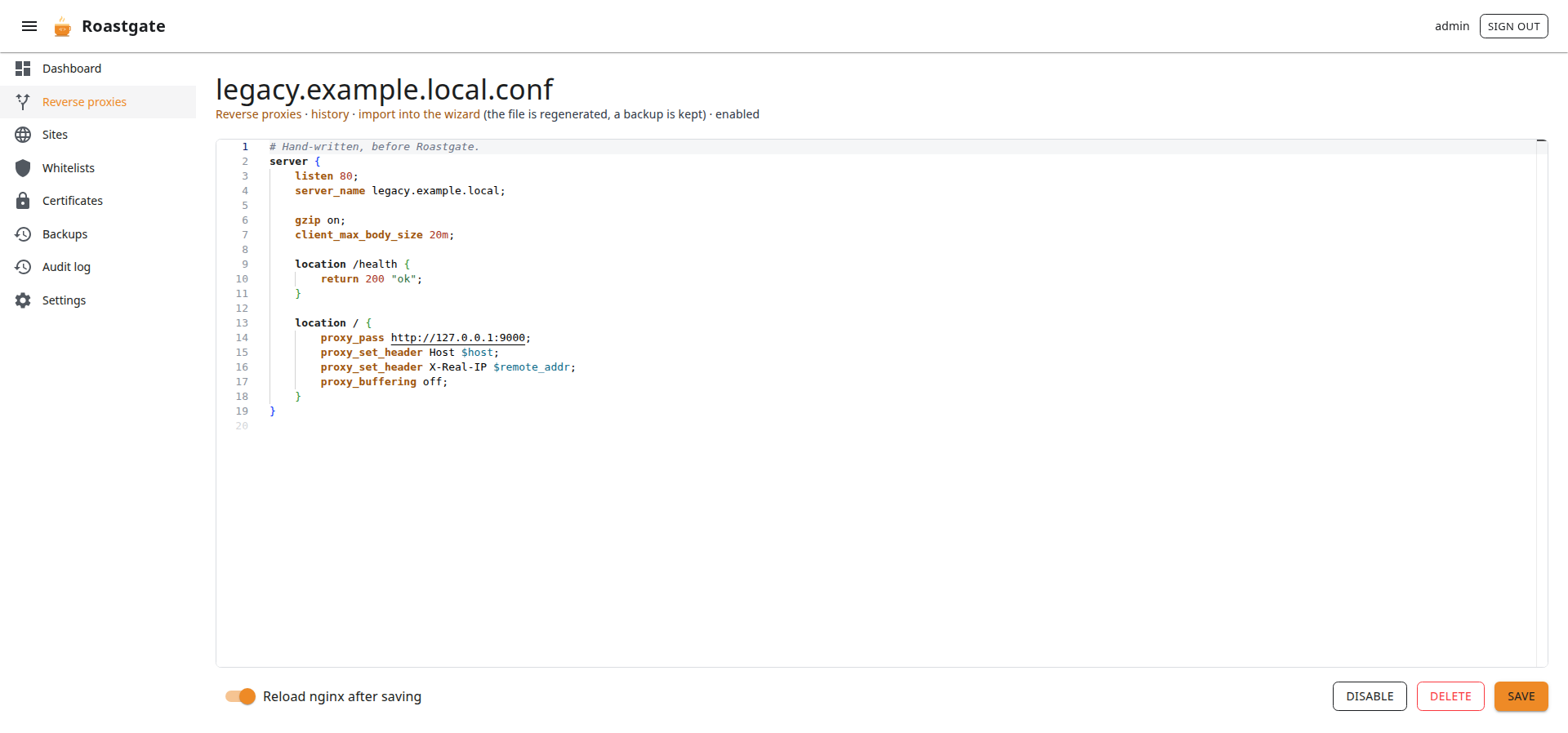 The raw editor with nginx syntax highlighting, on a hand-written reverse proxy