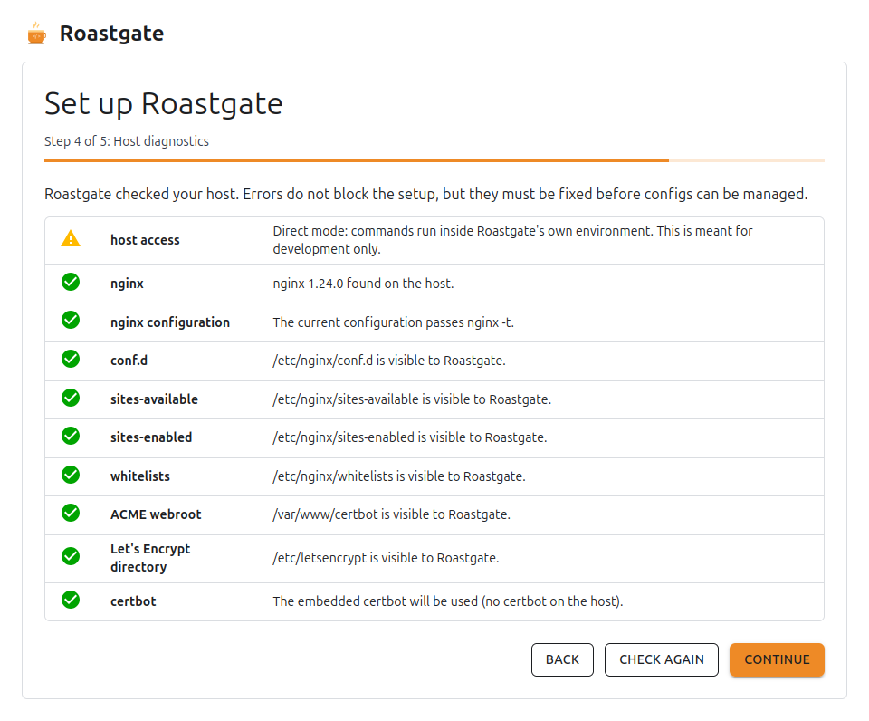 Setup step 4: the host diagnostics
