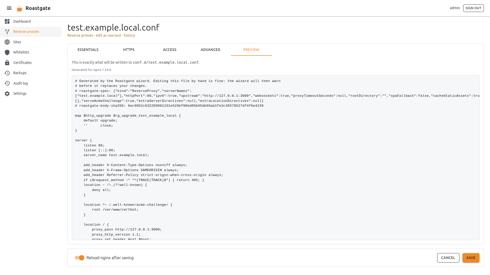 The wizard: Preview tab, showing the generated configuration