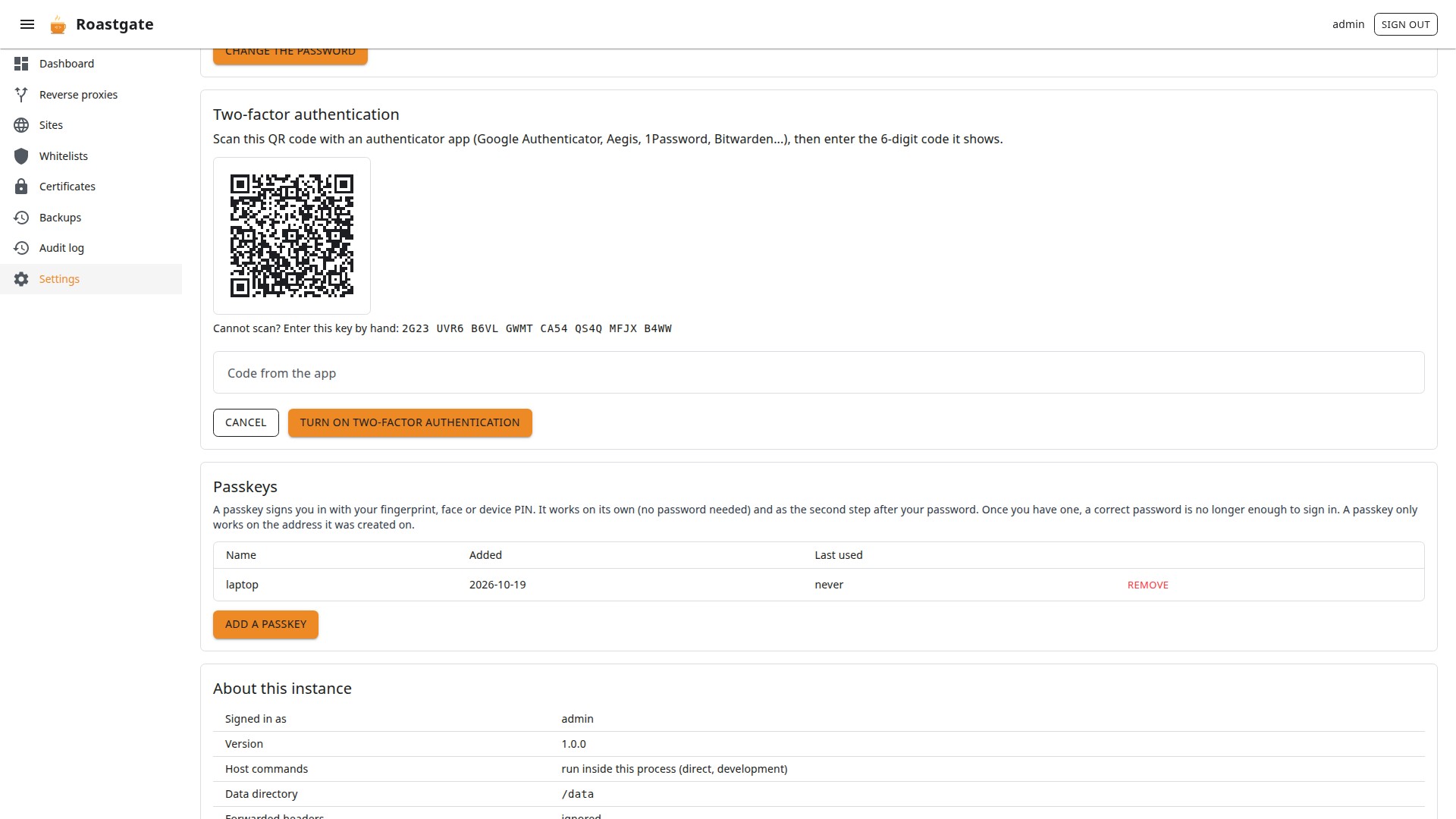 Einrichtung der Zwei-Faktor-Authentifizierung: der QR-Code, der Schlüssel und das Codefeld