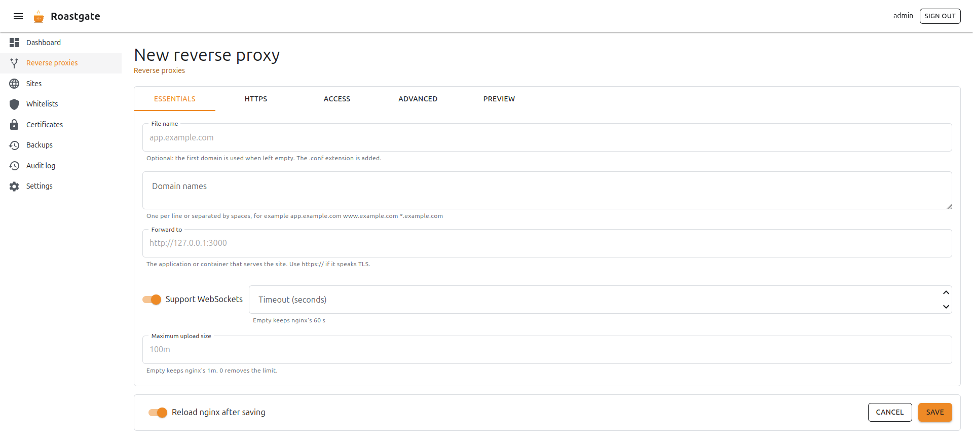 Der Assistent: Tab Essentials eines neuen Reverse Proxys