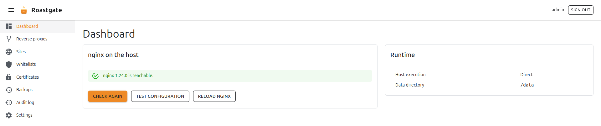 Le tableau de bord : nginx 1.24.0 est joignable, avec les boutons Check again, Test configuration et Reload nginx
